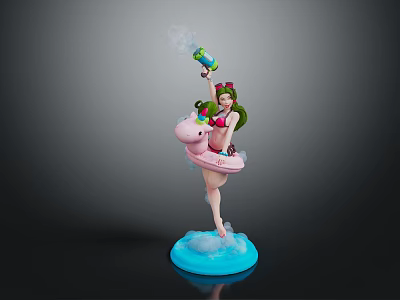 Green Haired Female Character Standing On Pink Creature Holding Spray Can With Blue Cloud Base 3d model