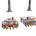 Round And Rectangular Dining Table Set With Wooden Stools Brick Structure And Red Decor 3d model