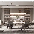Modern Restaurant Interior With Round Dining Table Gray Chairs Pendant Lights And Wooden Shelves