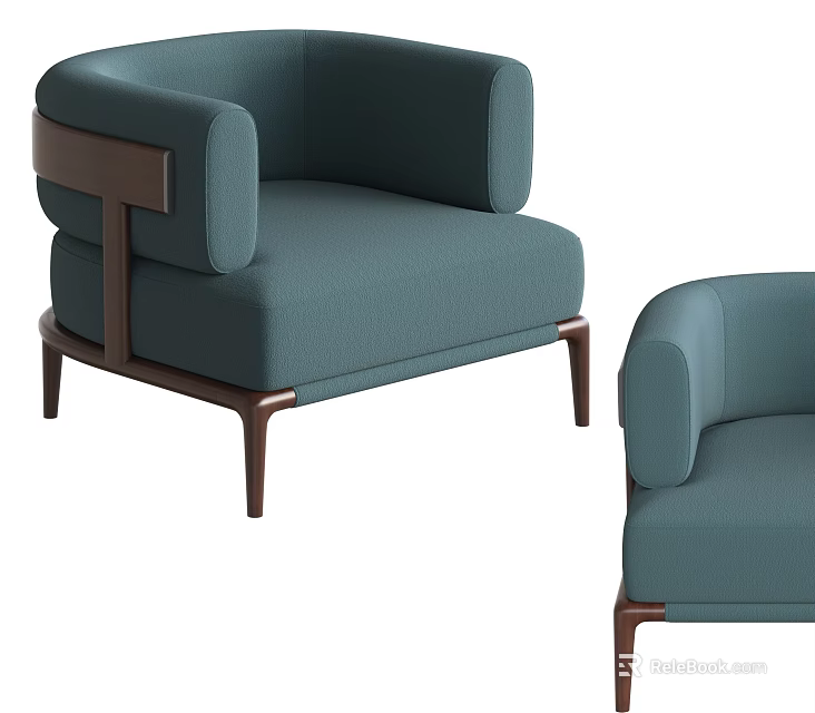 Modern Teal Fabric Single Sofa With Wooden Armrest And Comfortable Design 3d model