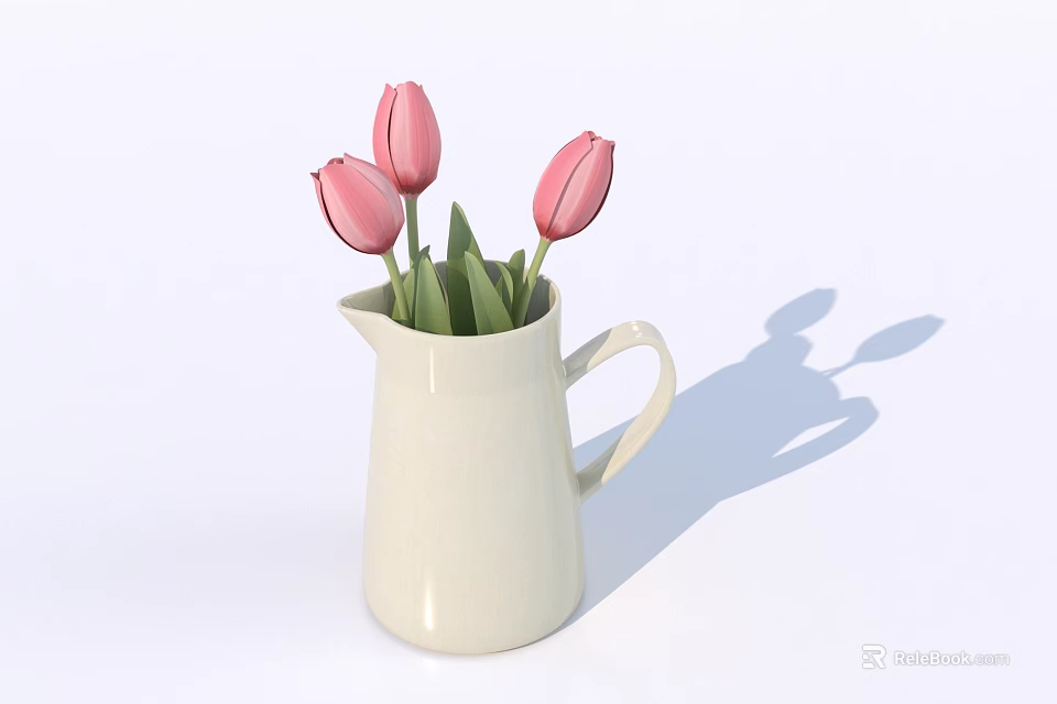 White Jug With Pink Tulips And Green Leaves On White Background 3d model 
