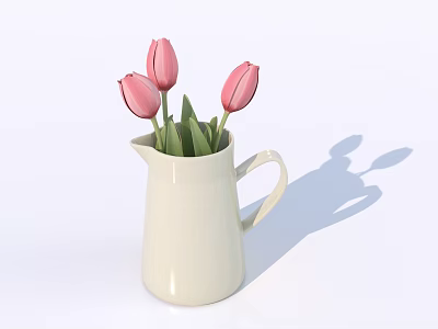 White Jug With Pink Tulips And Green Leaves On White Background 3d model