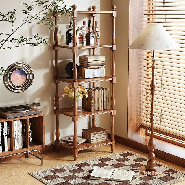 Wooden Shelving Unit With Books Decorations And Plant In Cozy Living Room 3d model 