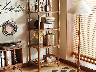Wooden Shelving Unit With Books Decorations And Plant In Cozy Living Room 3d model