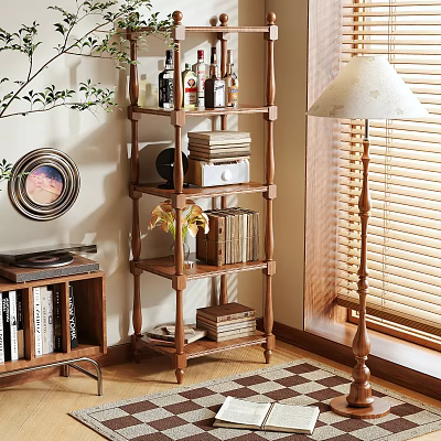 Wooden Shelving Unit With Books Decorations And Plant In Cozy Living Room 3d model