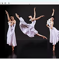 Women in White Dresses Dancing Ballet with Jumping Stretching Poses on Black Background