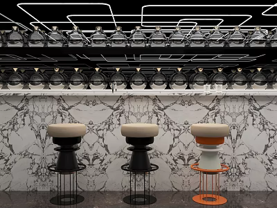 Modern Bar Counter With Marble Wall Colorful Bar Stools Geometric Line Lighting And Ceiling Lamps 3d model
