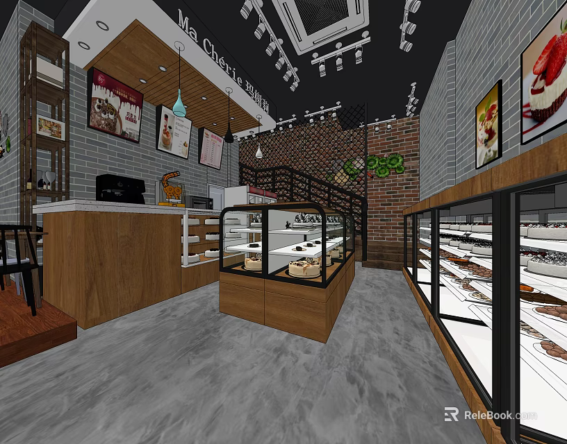 Dessert Shop Interior Featuring Brick Wall Glass Display Cases And Wooden Pastry Counters 3d model 