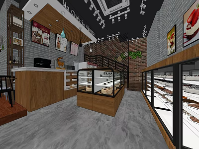 Dessert Shop Interior Featuring Brick Wall Glass Display Cases And Wooden Pastry Counters 3d model