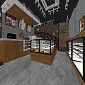 Dessert Shop Interior Featuring Brick Wall Glass Display Cases And Wooden Pastry Counters