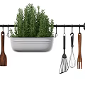 Hanging Kitchen Utensils Organizer With Metal Planter And Fresh Rosemary Plant
