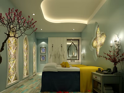 Serene SPA Sauna Room With Massage Bed Yellow Sheets Arch Windows Butterfly Decor Lights 3d model