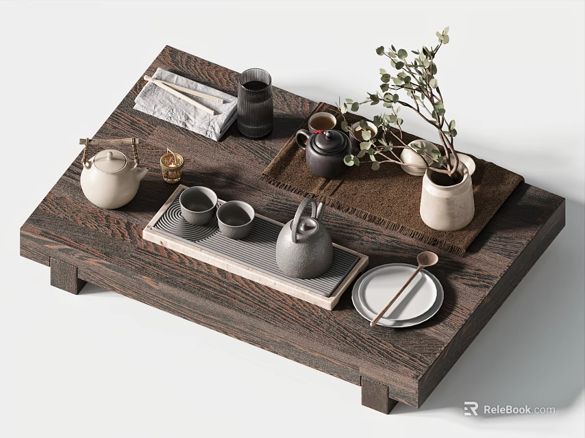 Traditional Tea Set With Ceramic Teapot Cups And Wooden Tray Decorative Plants 3d model 