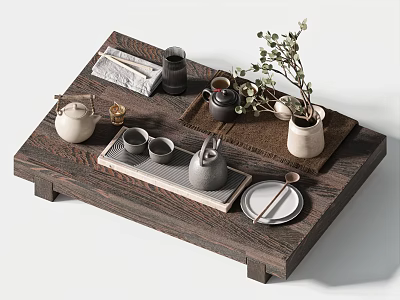 Traditional Tea Set With Ceramic Teapot Cups And Wooden Tray Decorative Plants 3d model