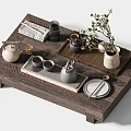 Traditional Tea Set With Ceramic Teapot Cups And Wooden Tray Decorative Plants