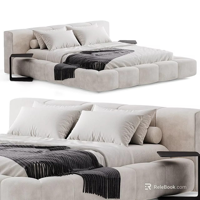 Modern Beige Double Bed With White Pillows Dark Blanket And Nightstand 3d model 