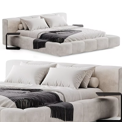 Modern Beige Double Bed With White Pillows Dark Blanket And Nightstand 3d model
