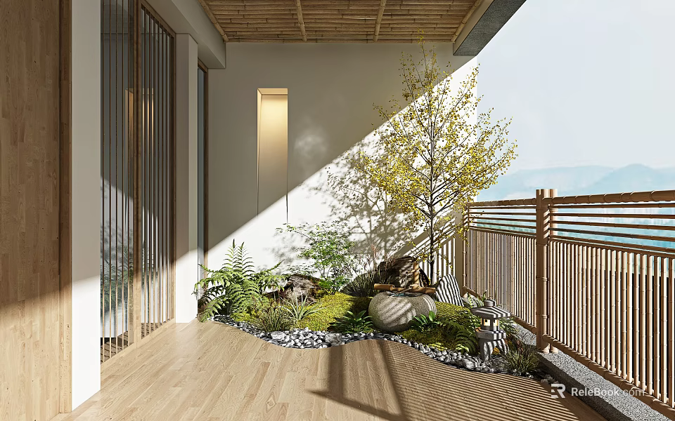 Sunlit Roof Garden With Wooden Flooring Green Plants Tree And Bamboo Railing 3d model 