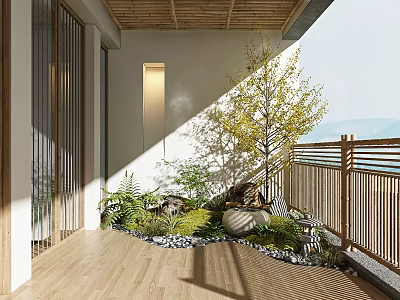 Sunlit Roof Garden With Wooden Flooring Green Plants Tree And Bamboo Railing 3d model