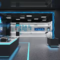 Modern High Tech Exhibition Hall With Blue Lighting Digital Lines Display Platform And Visitors