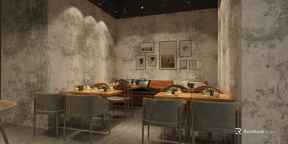Cozy Dessert Shop Interior With Textured Walls Wooden Tables Gray Chairs And Decorative Paintings 3d model 