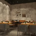 Cozy Dessert Shop Interior With Textured Walls Wooden Tables Gray Chairs And Decorative Paintings