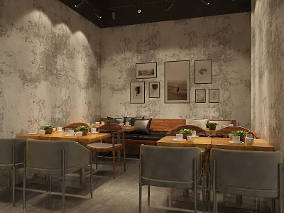 Cozy Dessert Shop Interior With Textured Walls Wooden Tables Gray Chairs And Decorative Paintings 3d model