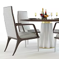 Modern Dining Table Set With Chairs Fruits Wine Glasses And Tableware 3d model