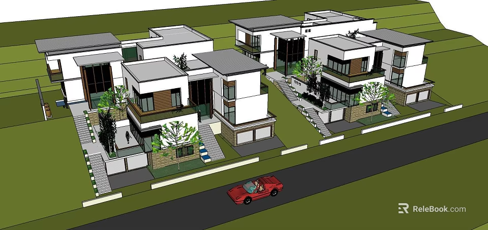 Modern Detached Villa Exterior Design With White Facade Balcony And Greenery 3d model 
