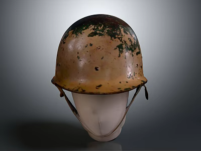 Vintage Brown Helmet with Green Rust Spots and Straps on Mannequin Head 3d model