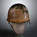 Vintage Brown Helmet with Green Rust Spots and Straps on Mannequin Head