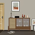 Wooden Sideboard With Woven Rattan Doors Dishes On Shelves And Table Lamp Decor