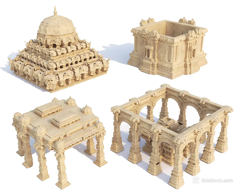 Cartoon Scene Ancient Architecture Models With Intricate Carvings And Stone Structures 3d model 