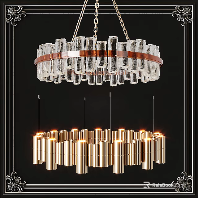 Modern Chandelier Design With Glass Tubes Wooden Ring And Golden Cylindrical Illuminated Tubes 3d model 