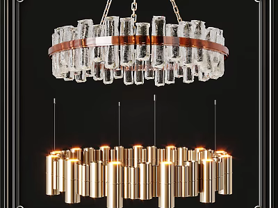 Modern Chandelier Design With Glass Tubes Wooden Ring And Golden Cylindrical Illuminated Tubes 3d model