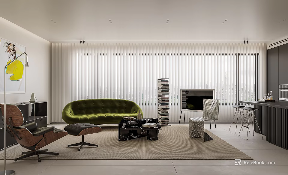 Modern Living Room Interior With Green Sofa White Blinds Stacked Bookshelf And Area Rug 3d model 