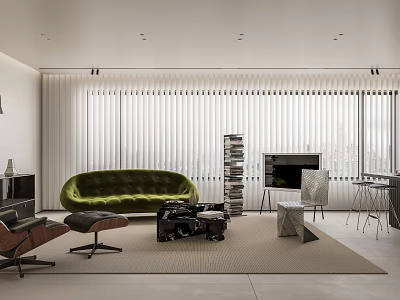 Modern Living Room Interior With Green Sofa White Blinds Stacked Bookshelf And Area Rug 3d model