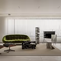 Modern Living Room Interior With Green Sofa White Blinds Stacked Bookshelf And Area Rug