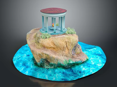 Cartoon Scene With Rocky Island Red Domed Pavilion Flame Green Plants And Blue Water 3d model