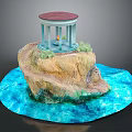 Cartoon Scene With Rocky Island Red Domed Pavilion Flame Green Plants And Blue Water