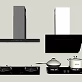 Modern Kitchen Appliances Featuring Range Hoods Gas Stoves And Cooking Pans