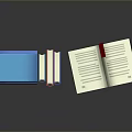 Vibrant Blue and Red Stacked Books with Open Page on Reflective Surface
