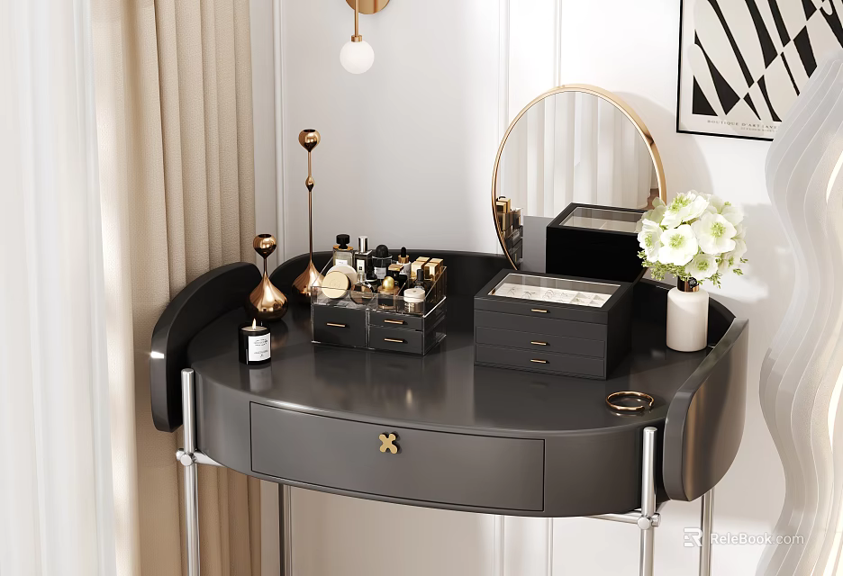 Perfume And Cosmetics On Elegant Black Dressing Table With Round Mirror Drawers And White Flowers 3d model 