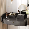 Perfume And Cosmetics On Elegant Black Dressing Table With Round Mirror Drawers And White Flowers