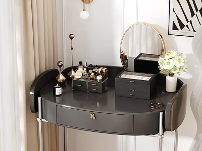 Perfume And Cosmetics On Elegant Black Dressing Table With Round Mirror Drawers And White Flowers 3d model
