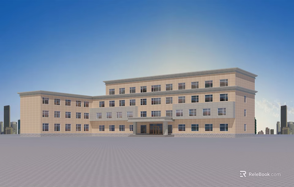 Multi Story Beige Building With Numerous Windows And Open Square Under Blue Sky 3d model