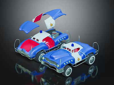 Blue and Red Toy Police Cars with Open Doors and Star Emblems 3d model