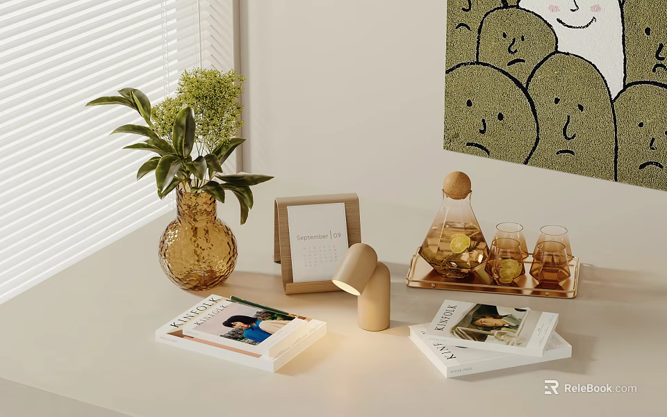 Decorative Ornament Combination With Vase Green Plant Photo Frame Table Lamp Tray And Books 3d model 