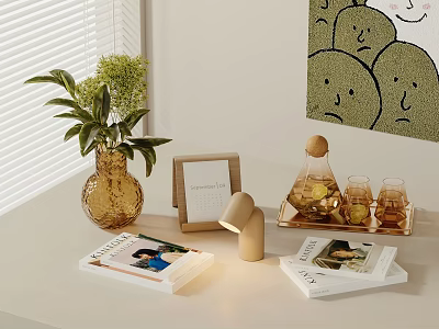 Decorative Ornament Combination With Vase Green Plant Photo Frame Table Lamp Tray And Books 3d model