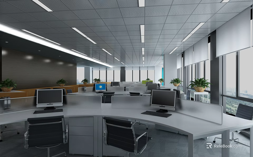 Modern Public Office Space with Open Workstations Computers Plants Large Windows And Ceiling Light Strips 3d model